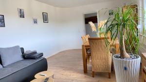 a living room with a couch and a table with a potted plant at Gemütliche Auszeit in der Eifel in Mechernich