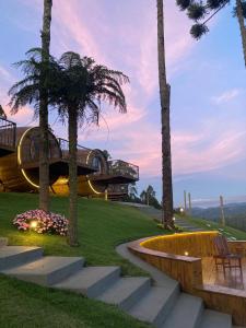 a building with a staircase and palm trees at Pousada Villa Barril in Monte Verde