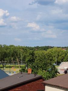 uma vista para um parque a partir do telhado de um edifício em Blue Door Apartment Loft em Augustów