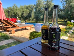 twee flessen wijn zittend op een houten tafel bij Annamaria Home in Pula