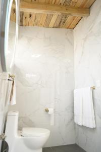 baño con paredes de mármol blanco y aseo en Cabaña El Encino III en Real del Monte, en Mineral del Monte