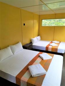 2 camas en una habitación con paredes amarillas en Dumbara Breeze, en Hunnasgiriya