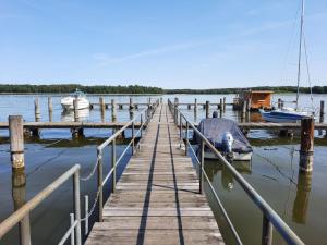 a dock with a boat and boats on the water at Apartment at the Vilzsee, Mirow in Diemitz