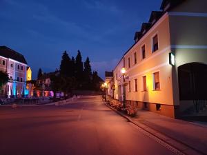 an empty street at night with buildings and lights at Garden in Varaždinske Toplice