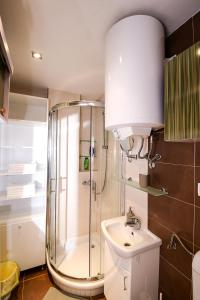 a bathroom with a shower and a toilet and a sink at Apartment Petra 073 in Belgrade +81 photos