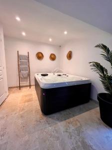 a bathroom with a bath tub in a room at Manoir Les Feuillantines Piscine & Spa in Isques