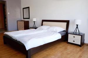 a bedroom with a bed with two night stands and two lamps at Makas Apartamenty in Świnoujście