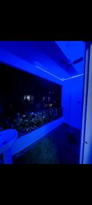 a room with a blue light in a room with a view at Panah . in Guwahati