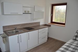 a kitchen with white cabinets and a sink and a window at Penzion Bez Modrého Páva in Štramberk