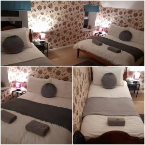 two pictures of a bedroom with two beds and a room with two beds at Emma's Cottage in Brookeborough