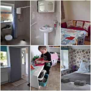 a collage of pictures of a child in a bathroom at Emma's Cottage in Brookeborough +24 photos