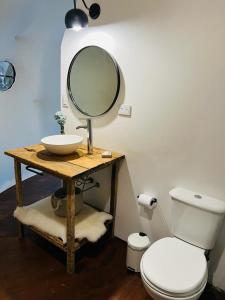 a bathroom with a sink and a toilet and a mirror at Don Aniceto Lodges & Glamping in Luján
