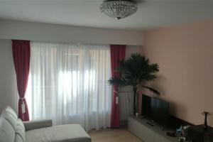 a living room with a couch and a tv and a palm tree at Charme Provenzale in Menton +7 photos