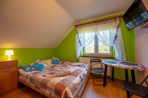 a bedroom with green walls and a bed and a table at u Beatki in Lutowiska