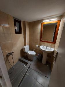 a bathroom with a white toilet and a sink at Prego Living Apartments in Vathí