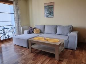salon z niebieską kanapą i stołem w obiekcie Apartament Konrad w centrum 600 m od morza w Kołobrzegu