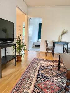 ein Wohnzimmer mit einem TV und einem Teppich in der Unterkunft Woodpecker Avenue Apartment Turku in Turku