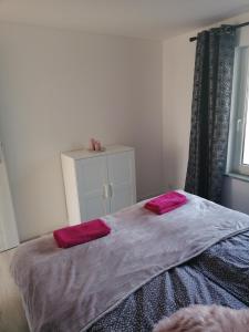ein Schlafzimmer mit einem Bett mit zwei roten Kissen darauf in der Unterkunft Apartament Kasztanowa 2 in Mosty
