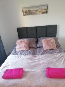 a bed with two pink pillows on top of it at Apartament Kasztanowa 2 in Mosty