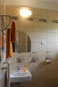 a bathroom with a sink and a mirror at Penzión Mária in Smižany