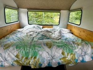 a bed in the back of a van with two windows at Auszeit im Wald direkt am See in Schleiz