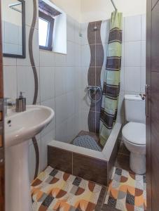 a bathroom with a shower and a toilet and a sink at Saralen cottage in North Corfu 