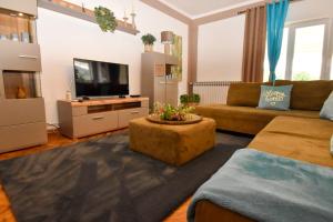 a living room with a couch and a tv at Villa Saranda in Supetarska Draga