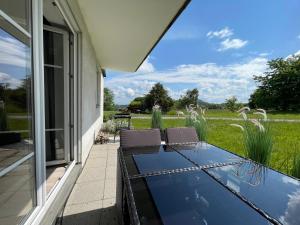 eine Terrasse mit 2 Stühlen und einem Teich in der Unterkunft Ferienwohnung Augenblick in Kurort Altenberg