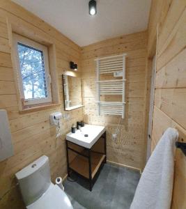 drewniana łazienka z toaletą i umywalką w obiekcie Osada Przy Młynie - Tajemnica Twojego Relaksu - W Saunie, Chacie Grillowej w mieście Zagnańsk
