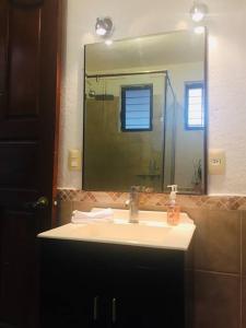 baño con lavabo y espejo grande en CASA LEYNA totalmente independiente, de un piso en Temixco