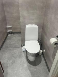 a bathroom with a white toilet in a stall at Mysig lägenhet på landet. in Ljung