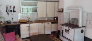 a small kitchen with white cabinets and a stove at Oaza Deli in Kulen Vakuf