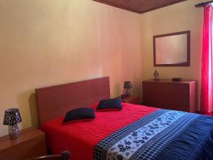 a bedroom with a bed with a red blanket and a mirror at Paraíso Açoreano Guest House in Achada