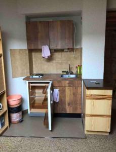 a small kitchen with a sink and a counter at Appartement Centre du village ALPE DU GRAND SERRE in La Morte