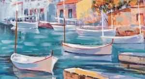 a painting of boats in a harbor with buildings at Parrot’s House in Lloret de Mar