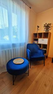 ein Wohnzimmer mit einem blauen Stuhl und einem Tisch in der Unterkunft Jannseni apartment in Pärnu