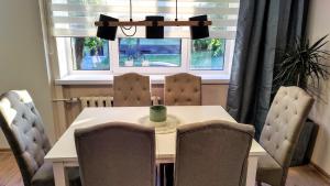 einem Esstisch mit Stühlen und einer grünen Tasse darauf in der Unterkunft Jannseni apartment in Pärnu