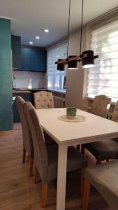 une salle à manger avec une table et des chaises blanches dans l'établissement Jannseni apartment, à Pärnu