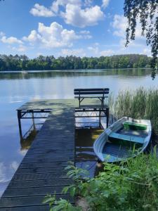a dock with a boat next to a bench on a lake at Dom nad Jeziorem Bory Tucholskie Pomost 50m Łódka Kominek in Cierplewo
