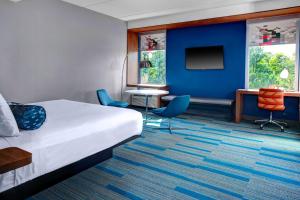 Aloft Raleigh Durham Airport Brier Creek في رالي: غرفة في الفندق بها سرير ومكتب وتلفزيون