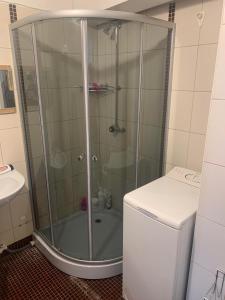 La salle de bains est pourvue d'une douche avec une porte en verre. dans l'établissement Hilda Villa, à Viljandi