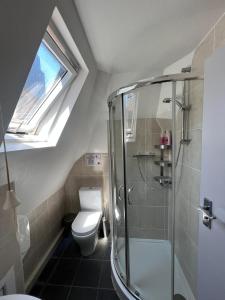 a bathroom with a toilet and a glass shower at Petticoat Accommodations in London