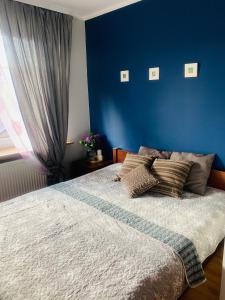 1 dormitorio con paredes azules y 1 cama con almohadas en VillaAnita, en Augustów