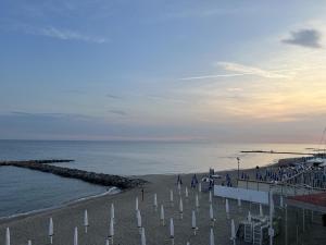 a beach with a group of flags and the ocean at Lotus - Apartment sul mare con giardino in Lido di Ostia