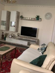 uma sala de estar com um sofá e uma televisão de ecrã plano em Apartament 3 camere Joy em Ocna-Mureşului