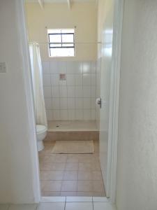 ein Bad mit einer Dusche, einem WC und einem Fenster in der Unterkunft Coastal View 7 Apartments in Christchurch