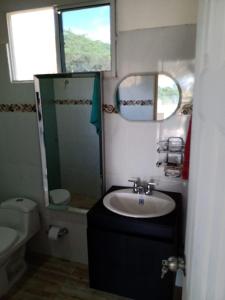 a small bathroom with a sink and a mirror at Hostal Mi Elvirula in Santa Marta
