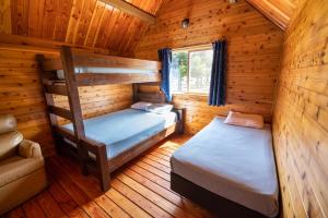 a bedroom with two bunk beds in a log cabin at Redwood Coast Cabins and RV Resort in Eureka