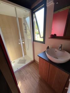 uma casa de banho com uma cabina de duche em vidro e um lavatório. em DOMAINE DES GALINACES ROULOTTE LA ROUSSETTE 2-4P em Marigny-lès-Reullée