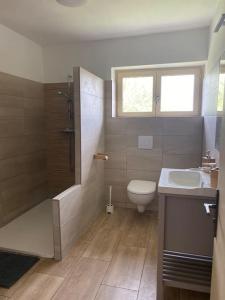 a bathroom with a shower and a toilet and a sink at Maison de village in Fanjeaux